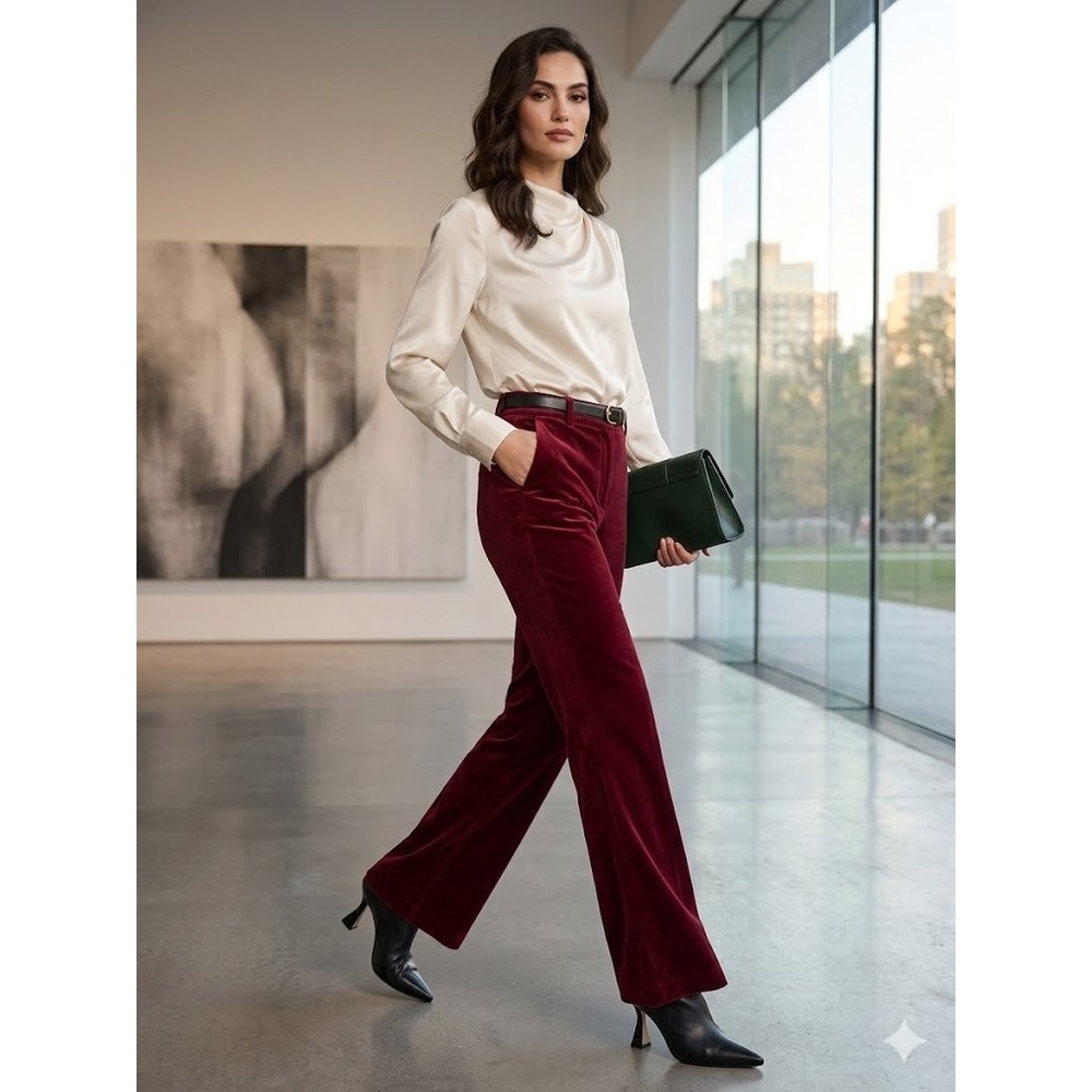Maison d Amelie Burgundy Velvet Trousers Red Straight Leg Stretch Pants Size‎ 6